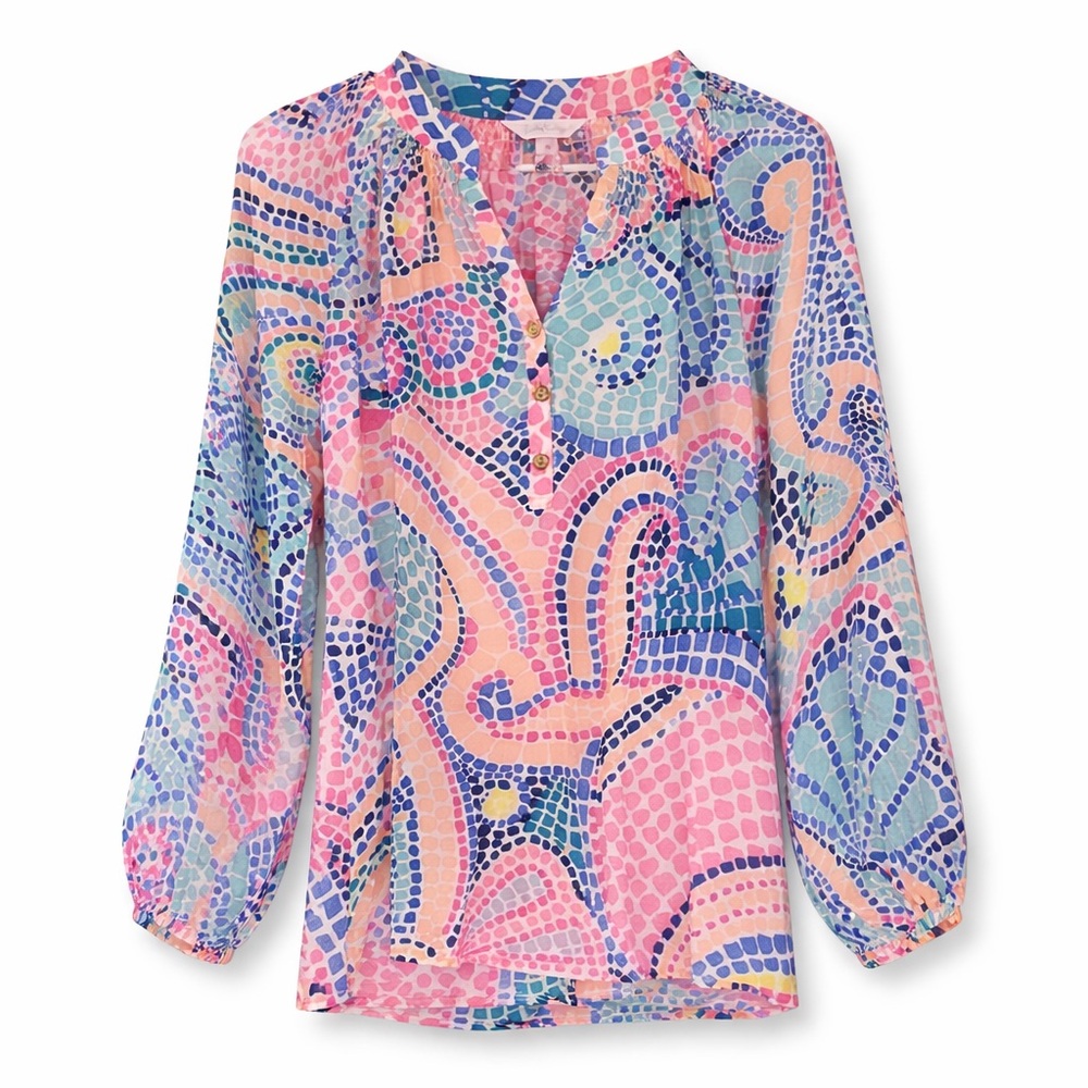 Lilly Pulitzer Printed 100% Silk Popover Long Sleeve Blouse Multicolor Size XS